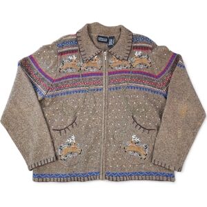 Rebecca Malone Reindeer Cardigan Sweater Size Large Festive Holiday Zip Front